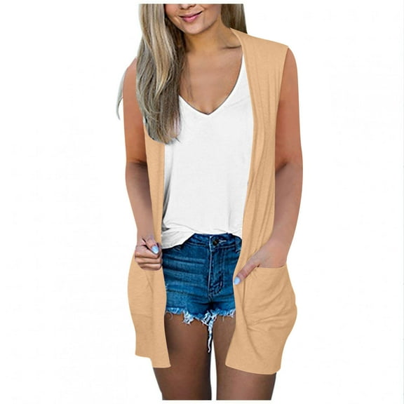 UAMVSH Women's Trendy Sleeveless Cardigans Loose Fit Summer Open Front Casual Long Duster Vests with Pockets Printed Long Outerwear(Medium,Beige 1)