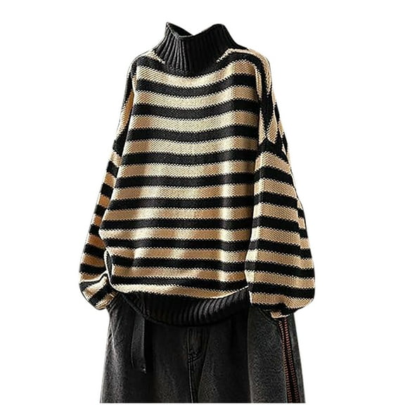 UAMVSH Women's Turtleneck Sweaters Casual Oversized Long Sleeve Pullover Tops Trendy Stripe Printed Knitted Sweaters Classic Clothes(Free Size,Black)