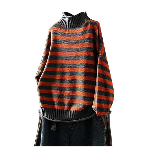 UAMVSH Women's Turtleneck Sweaters Casual Oversized Long Sleeve Pullover Tops Trendy Stripe Printed Knitted Sweaters Classic Clothes(Free Size,Blue)