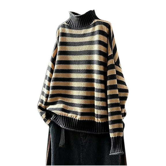 UAMVSH Women's Turtleneck Sweaters Casual Oversized Long Sleeve Pullover Tops Trendy Stripe Printed Knitted Sweaters Classic Clothes(Free Size,Gray)