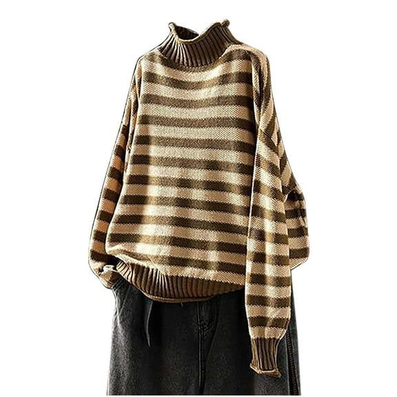 UAMVSH Women's Turtleneck Sweaters Casual Oversized Long Sleeve Pullover Tops Trendy Stripe Printed Knitted Sweaters Classic Clothes(Free Size,Khaki)