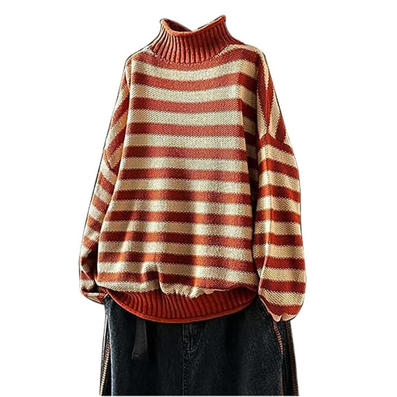 UAMVSH Women's Turtleneck Sweaters Casual Oversized Long Sleeve Pullover Tops Trendy Stripe Printed Knitted Sweaters Classic Clothes(Free Size,Orange)