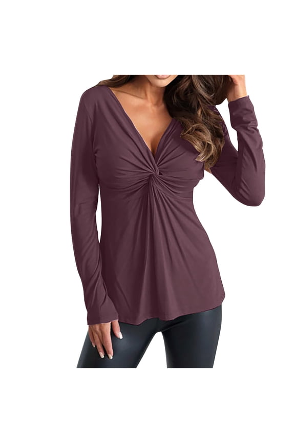 Women's Twist Front V Neck Blouses Long Sleeve Dressy Casual Tunic Tops Fashion Spring Clothes