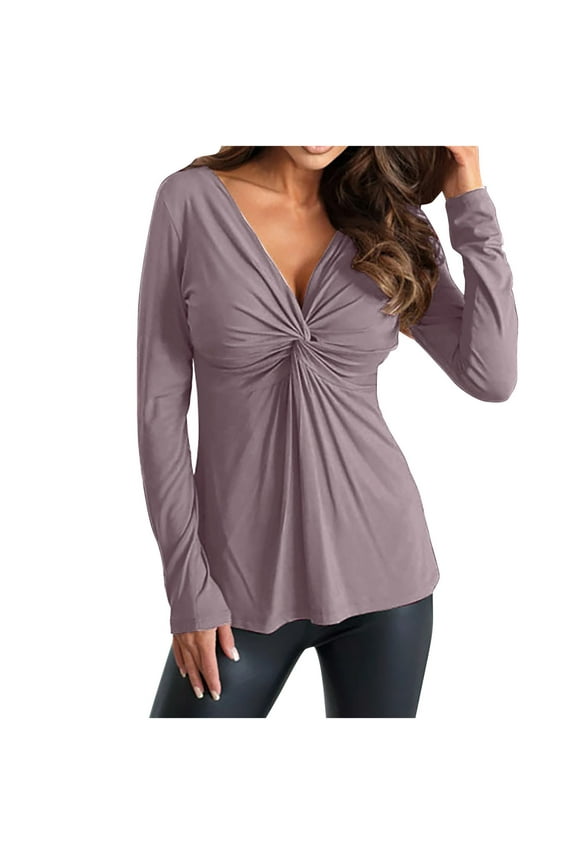 Women's Twist Front V Neck Blouses Long Sleeve Dressy Casual Tunic Tops Fashion Spring Clothes