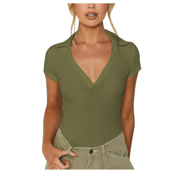 UAMVSH Women's V Neck Short Sleeve Slim T-Shirt Stretchy Solid Color Ribbed Basic Top Casual Going out Tees