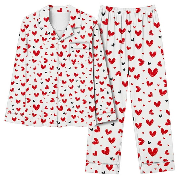 UAMVSH Women's Valentine's Day Pajama Set Heart Print Graphic Tops and Pants Set Casual Lapel Button Down Shirts Sleepwear with Pocket