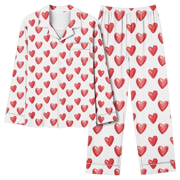 UAMVSH Women's Valentine's Day Pajama Set Heart Print Graphic Tops and Pants Set Casual Lapel Button Down Shirts Sleepwear with Pocket