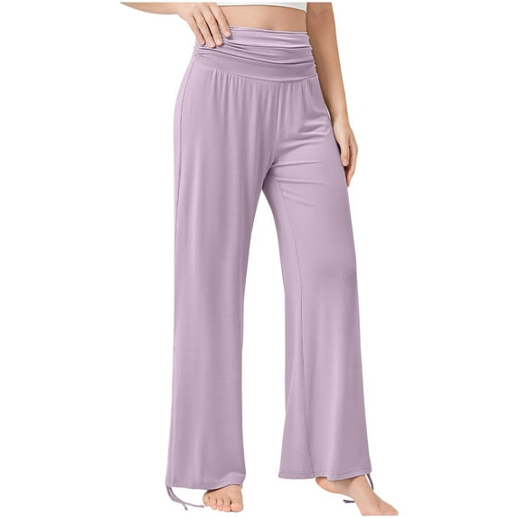 UAMVSH Women's Wide Leg Beach Pants Elegant High Waisted Baggy Vacation Travel Pants Soft Yoga Dance Flowy Athletic Pants(Small,Purple)
