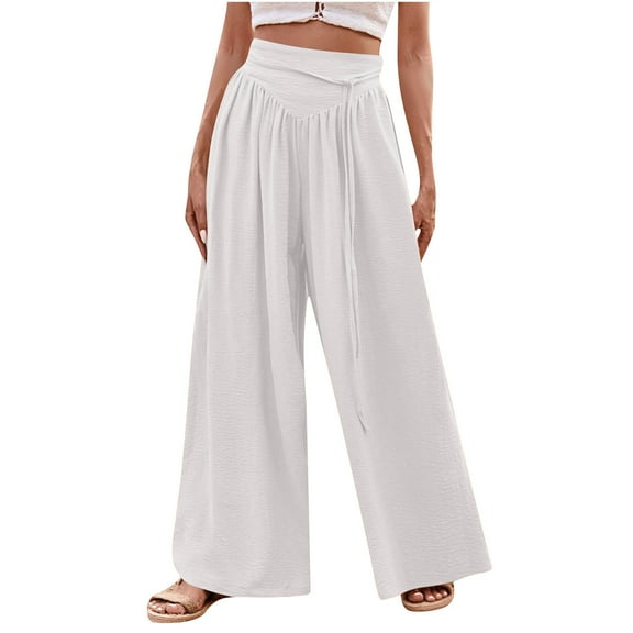 UAMVSH Women's Wide Leg Palazzo Pants High Waisted Lounge Skirted Pants Baggy Casual Beach Vacation Flowy Pants with Drawstring(Medium,White)