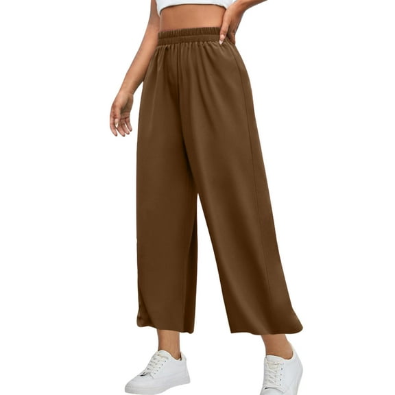 UAMVSH Women's Wide Leg Pants Elastic High Waisted Ankle Length Casual Pants Solid Color Soft Loose Fit Flowy Palazzo Pants