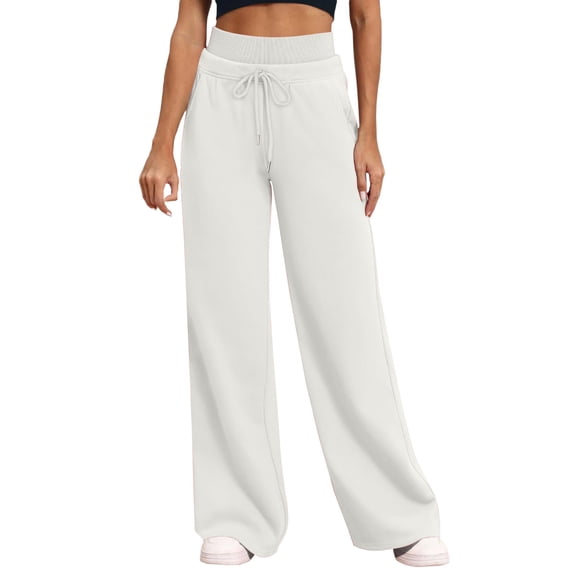 UAMVSH Women's Wide Leg Sweatpants Elastic High Waist Loose Fit Pants Comfortable Drawstring Athletic Pants with Pockets(X-Large,White)