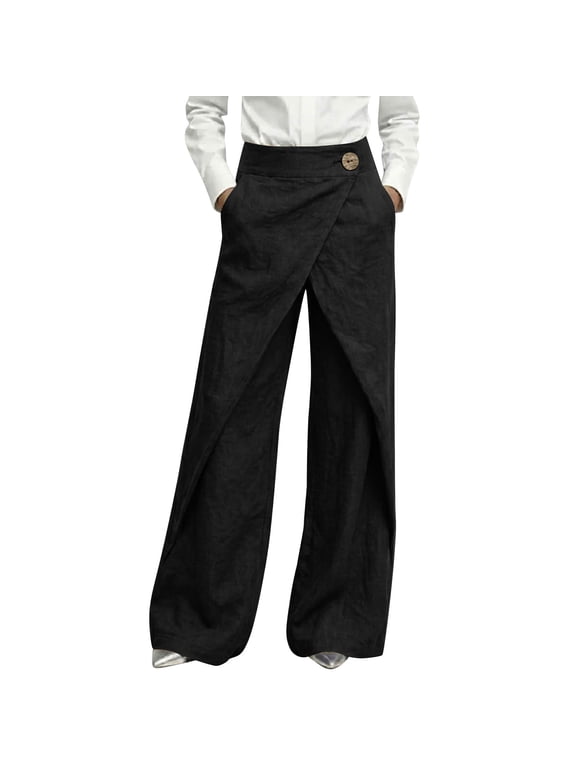 Women's Wide Leg Wrap Pants Button Front High Waisted Linen Pants Elegant Business Casual Work Slacks with Pockets