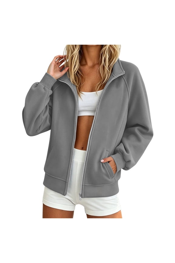 Women's Zip Up Sweatshirts Jacket Trendy Stand Collar Long Sleeve Track Jacket Casual Outerwear with Pockets for Athletic Running