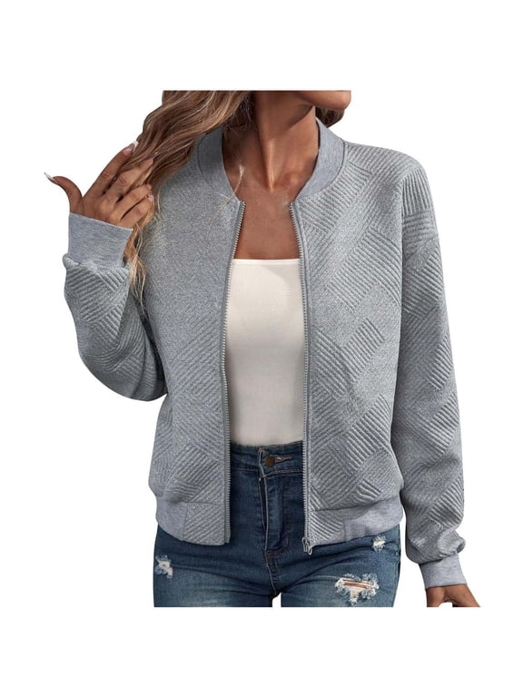 Women's Zip up Jackets Loose Fit Long Sleeve Sweatshirts Lightweight Coats Casual Zip up Baseball Athletic Outerwear(Medium,Gray)