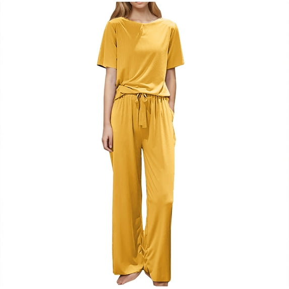 UAMVSH Womens 2 Pack Pajamas Set Long Sleeve Pajamas Top and Pants Crew Neck Pjs Sets Soft Sleepwear Loungewear