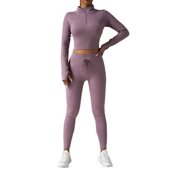 UAMVSH Womens 2 Piece Lounge Outfits Half Zip Crop Tops High Waist Leggings Sweatsuit Casual Slim Fit Yoga Workout Sets with Thumb Holes