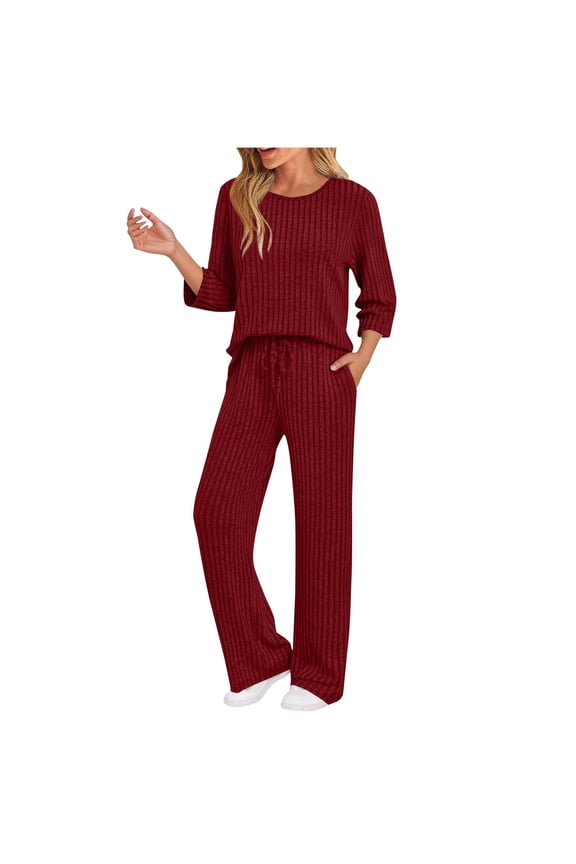 Womens 2 Piece Loungewear Matching Outfits Casual 3/4 Sleeve Ribbed Knitted Sweater Sets Comfy Drawstring Wide Leg Pants Sets(Small,Wine)