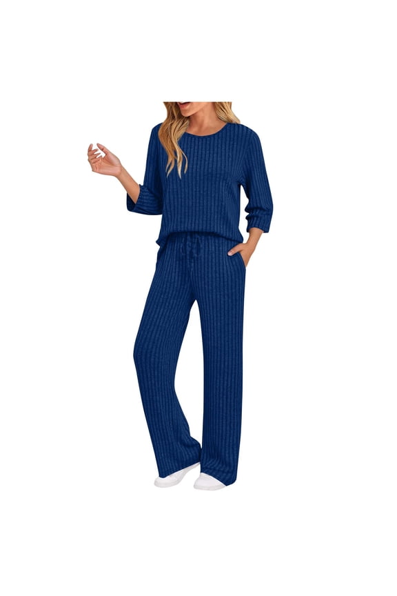 Womens 2 Piece Loungewear Matching Outfits Casual 3/4 Sleeve Ribbed Knitted Sweater Sets Comfy Drawstring Wide Leg Pants Sets(X-Large,Blue)