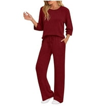 UAMVSH Womens 2 Piece Loungewear Matching Outfits Casual 3/4 Sleeve Ribbed Knitted Sweater Sets Comfy Drawstring Wide Leg Pants Sets(X-Large,Wine)