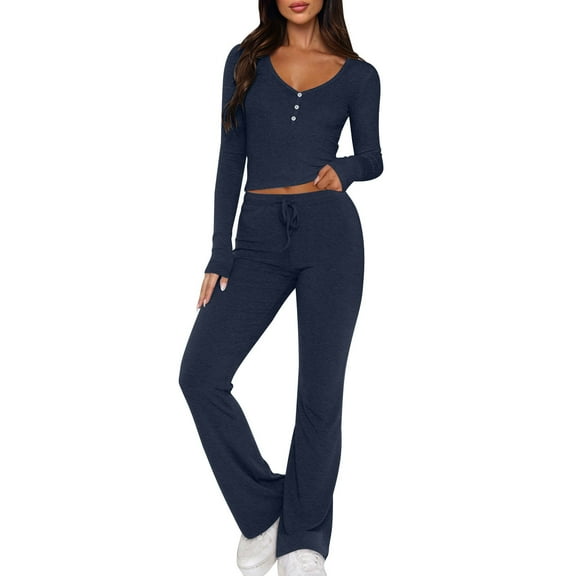 UAMVSH Womens 2 Piece Matching Lounge Sets Button V Neck Crop Tops with Pants Set Fall Casual Long Sleeve Vacation Travel Outfits