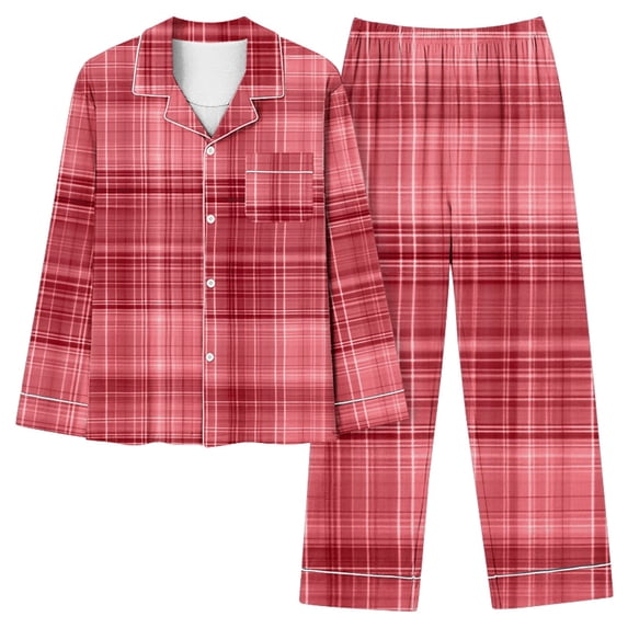 UAMVSH Womens 2 Piece Outfits Plaid Button Down Shirts and Wide Leg Pants Pajama Set Lapel Long Sleeve Comfy Nightwear