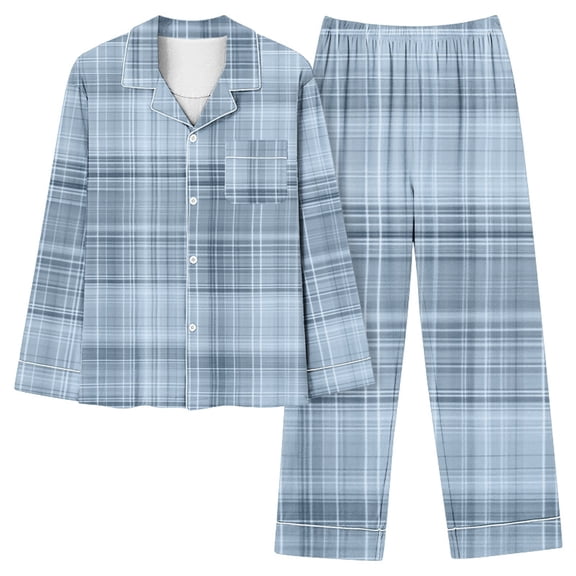 UAMVSH Womens 2 Piece Outfits Plaid Button Down Shirts and Wide Leg Pants Pajama Set Lapel Long Sleeve Comfy Nightwear