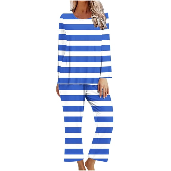 UAMVSH Womens 2 Piece Outfits Striped Pajama Set Soft Long Sleeve Crewneck Tops Matching Pants Set Casual Fall Loungewear