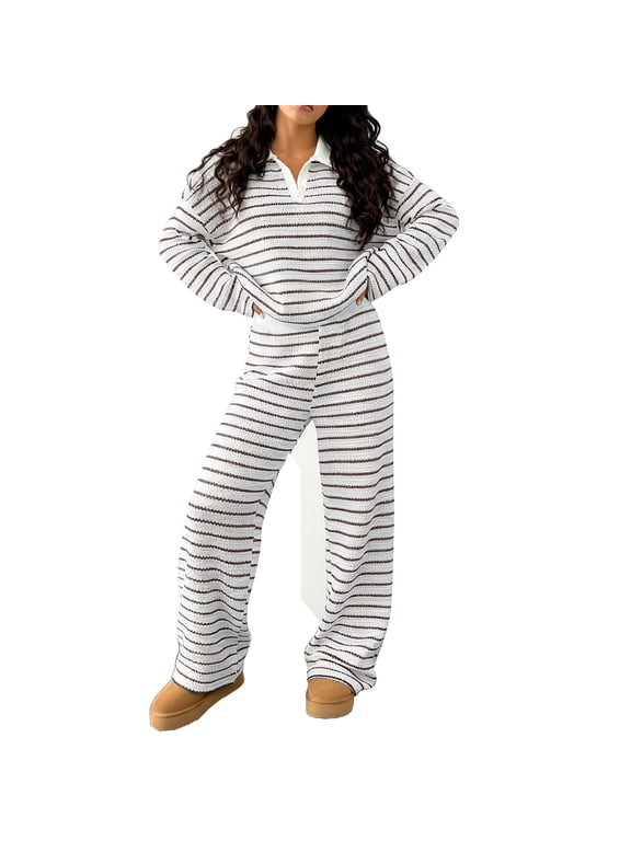 Womens 2 Piece Sets Striped Lapel V Neck Tops Wide Leg Pants Lounge Sets Soft Long Sleeve Knit Matching Set Fall Winter Outfits