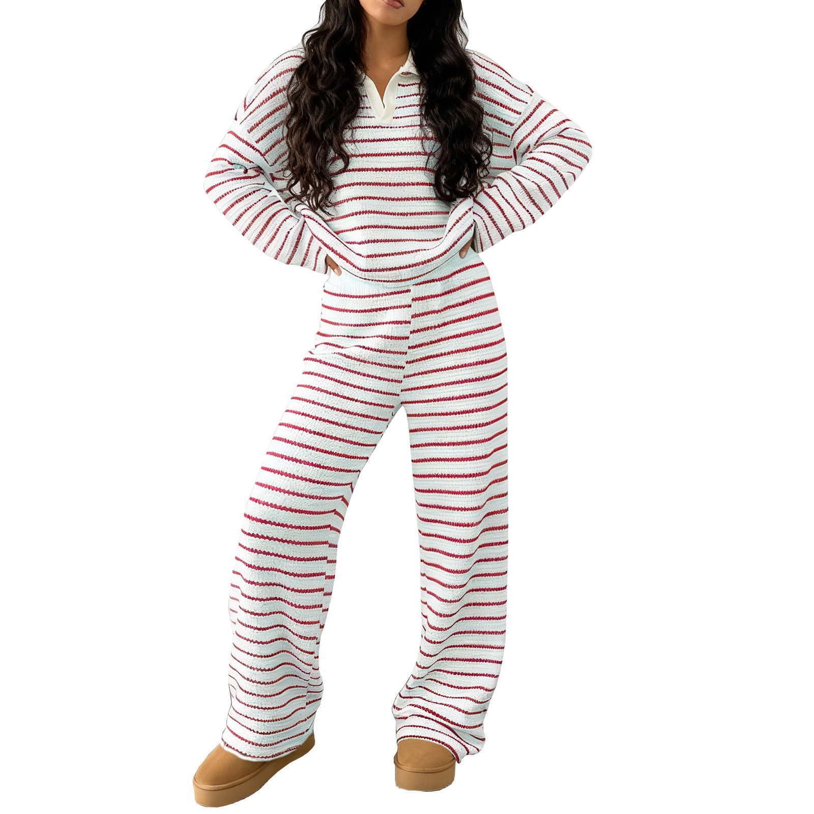 UAMVSH Womens 2 Piece Sets Striped Lapel V Neck Tops Wide Leg Pants Lounge Sets Soft Long Sleeve Knit Matching Set Fall Winter Outfits: What Shoppers Should Know