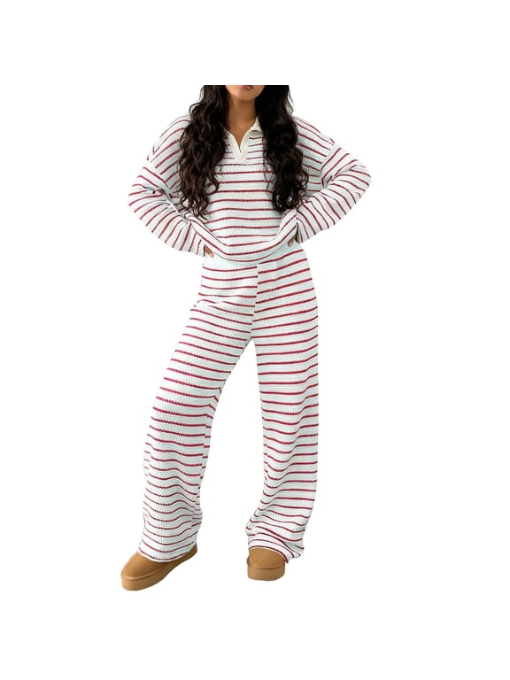 Womens 2 Piece Sets Striped Lapel V Neck Tops Wide Leg Pants Lounge Sets Soft Long Sleeve Knit Matching Set Fall Winter Outfits
