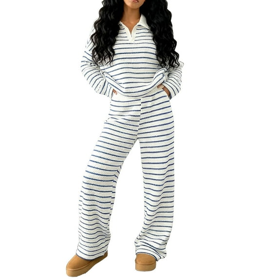 UAMVSH Womens 2 Piece Sets Striped Lapel V Neck Tops Wide Leg Pants Lounge Sets Soft Long Sleeve Knit Matching Set Fall Winter Outfits
