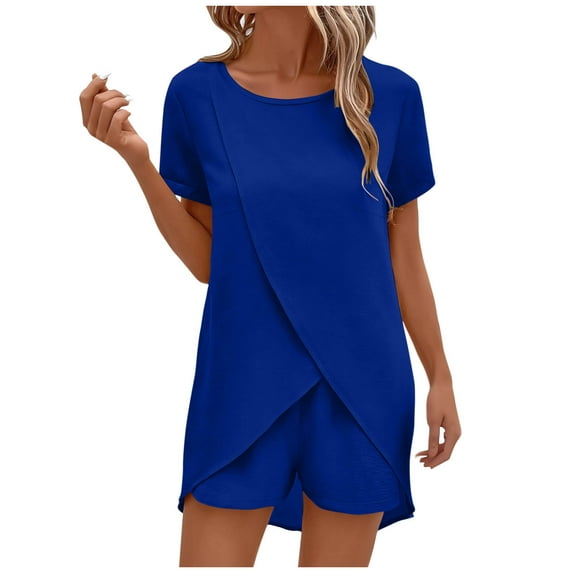 UAMVSH Womens 2 Piece Sets Trendy Short Sleeve Wrap Tunic Tops with High Waisted Shorts Vacation Travel Lounge Outfits(LargeBlue)
