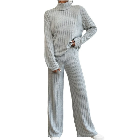 UAMVSH Womens 2 Piece Sweater Outfits Turtleneck Long Sleeve Ribbed Knitted Pullover High Waist Pant Soft Warm Loungewear Sets(Medium,Gray)
