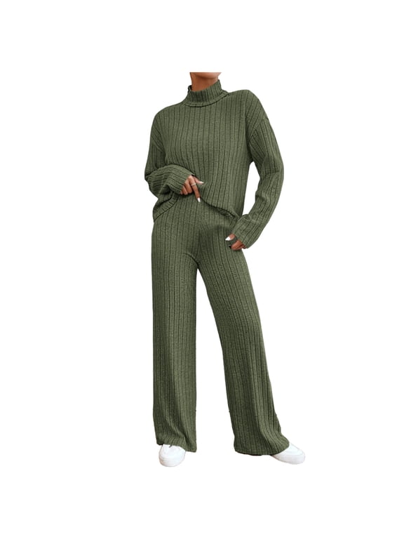 Womens 2 Piece Sweater Outfits Turtleneck Long Sleeve Ribbed Knitted Pullover High Waist Pant Soft Warm Loungewear Sets(Small,Army Green)
