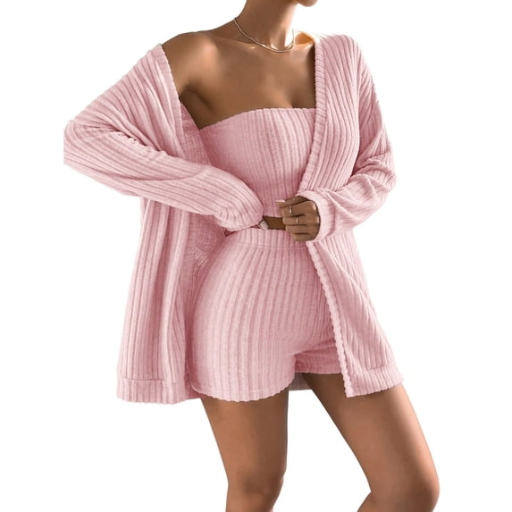 UAMVSH Womens 3 Piece Outfits Ribbed Knit Long Sleeve Cardigan Tube Tops and Shorts Pajama Set Comfy Soft Loungewear