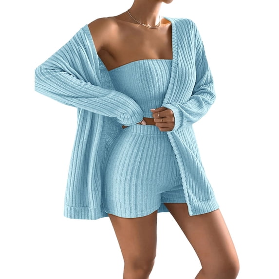 UAMVSH Womens 3 Piece Outfits Ribbed Knit Long Sleeve Cardigan Tube Tops and Shorts Pajama Set Comfy Soft Loungewear