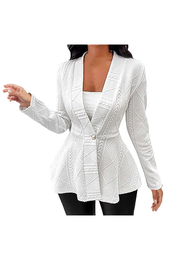 Womens Blazer Slim Fit Ruffle Hem Long Sleeve Suit Jacket Textured Button V Neck Casual Cardigan for Work Business