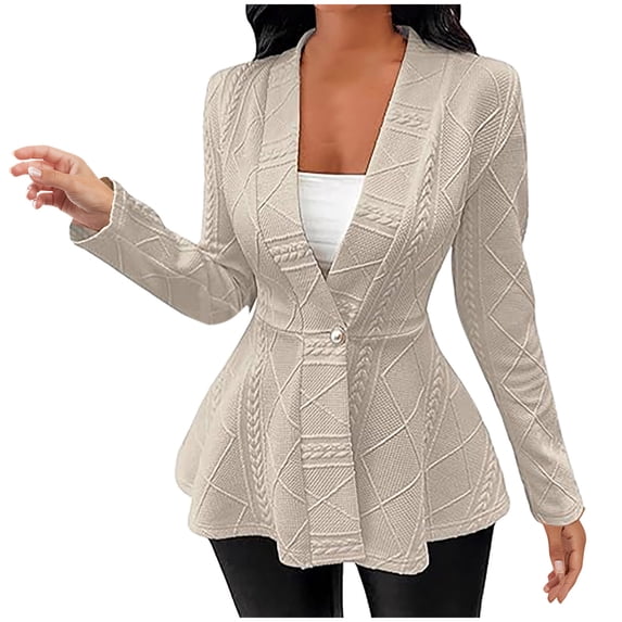 UAMVSH Womens Blazer Slim Fit Ruffle Hem Long Sleeve Suit Jacket Textured Button V Neck Casual Cardigan for Work Business