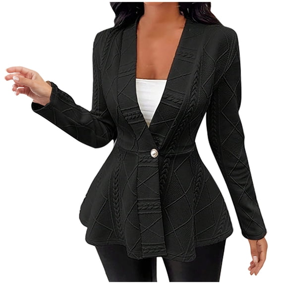 UAMVSH Womens Blazer Slim Fit Ruffle Hem Long Sleeve Suit Jacket Textured Button V Neck Casual Cardigan for Work Business