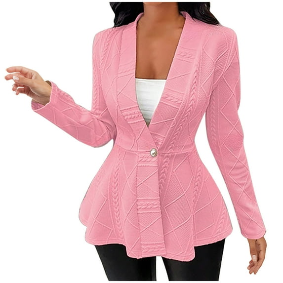 UAMVSH Womens Blazer Slim Fit Ruffle Hem Long Sleeve Suit Jacket Textured Button V Neck Casual Cardigan for Work Business