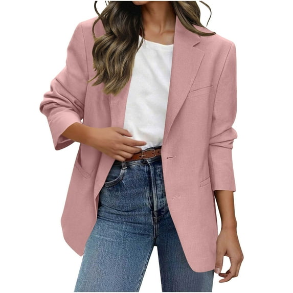 UAMVSH Womens Blazers for Work Casual Fashion Notch Collar Button Outerwear Solid Color Loose Fit Long Sleeve Suit Jackets with Pocket(Small,Pink)