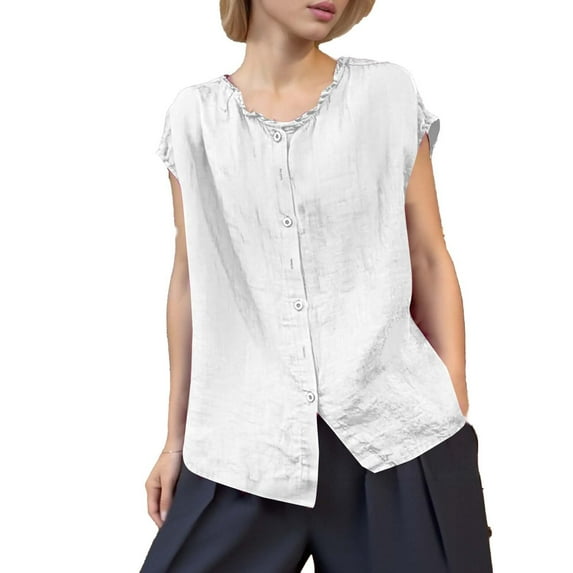 UAMVSH Womens Button Down Shirt Casual Sleeveless T-Shirt Summer Pleated Crewneck Loose Fit Tops Beach Vacation Outfits