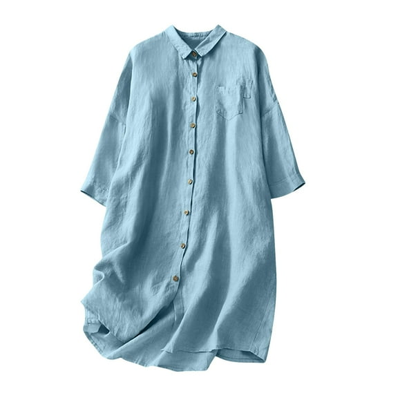 UAMVSH Womens Button down Shirts Cotton Linen Full Sleeve Long Blouse Baggy Casual Cover up Tops Loose Lapel Beach Vacation Tees(Large,Blue)