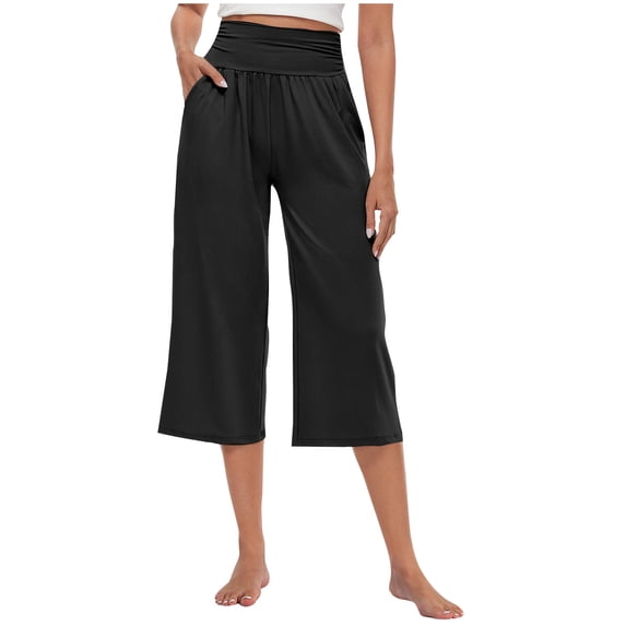 UAMVSH Womens Capri Pants High Waisted Wide Leg Workout Cropped Pants Stretchy Soft Athletic Yoga Pants with Pockets