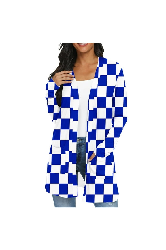 Womens Cardigan Dressy Casual Fashion Printed Soft Long Dusters Baggy Open Front Long Sleeve Outwear Tops with Pockets(Large,Blue)