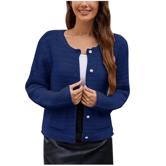 UAMVSH Womens Cardigan Sweaters Button Down Knit Casual Jacket Soft Slim Fit Long Sleeve Cropped Coat with Pockets Fall Clothes