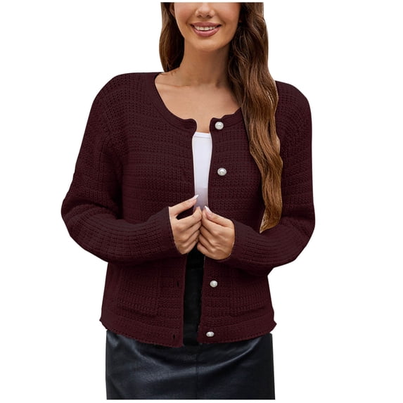 UAMVSH Womens Cardigan Sweaters Button Down Knit Casual Jacket Soft Slim Fit Long Sleeve Cropped Coat with Pockets Fall Clothes