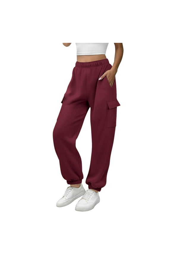 Womens Cargo Sweatpants Oversized Fleece Fall Jogger Pants with Pockets Fashion Loose Fit Cinch Bottom Jogging Pants(Large,Red)