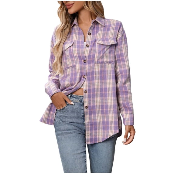 UAMVSH Womens Casual Jacket Button Down Plaid Shirts Shacket Fall Fashion Outfits Loose Curved Hem Long Sleeve Tops with Pockets