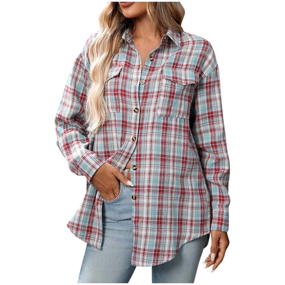 UAMVSH Womens Casual Jacket Button Down Plaid Shirts Shacket Fall Fashion Outfits Loose Curved Hem Long Sleeve Tops with Pockets